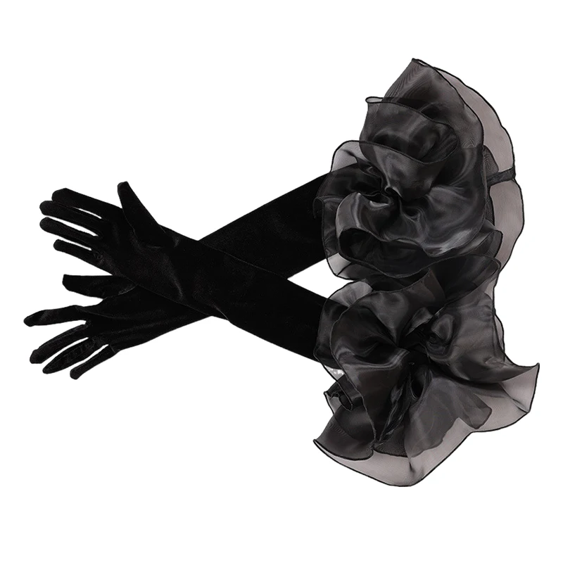 Fashion Velvet Long Gloves With Organza Ruffles Solid Color Hand Sleeve For Women Bridal Wedding Dress Photo Prop Clothing Glove