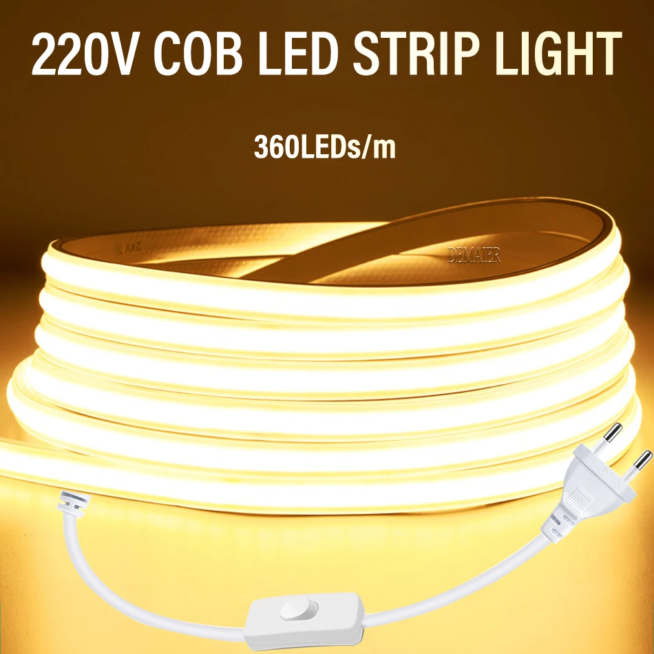 COB LED 스트립 조명 360Led/M 220V, EU 플러그 RA 90 따뜻한 흰색 3000K 4000K 6000K 유연한 LED 테이프 침실 주방용 방수