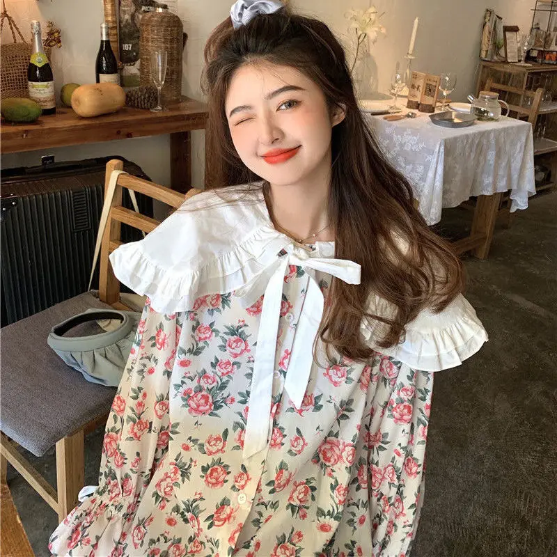 Vintage Floral Shirts Women Kawaii Peter Pan Collar Lace-up Spring Sweet Girlish Long-sleeved Shirt Fashion Streetwear Aesthetic