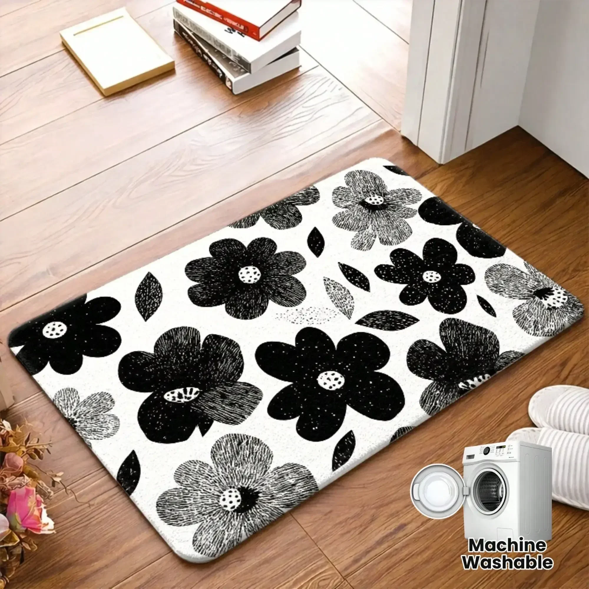 Black And White Floral Pattern Flannel Floor Mat, Non-Slip, Durable And Dirt-Resistant, Universal Entrance Mat Suitable For Living Room, Bedroom, Office