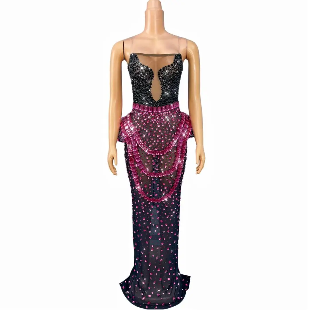 

Xiaolanguan Womens Luxury Black And Pink Rhinestone Sheer Mesh Spaghetti Strap Peplum Bodycon Maxi Dress Evening Party Prom Gown