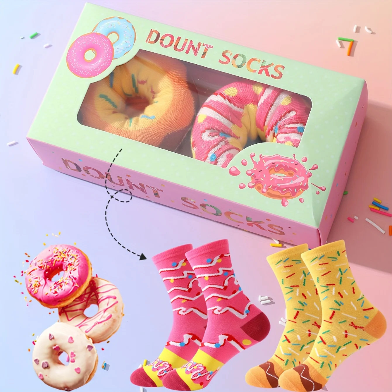 Two pairs of colorful donuts pattern fashion trendy socks are suitable for Christmas Valentine's Day gifts on Halloween