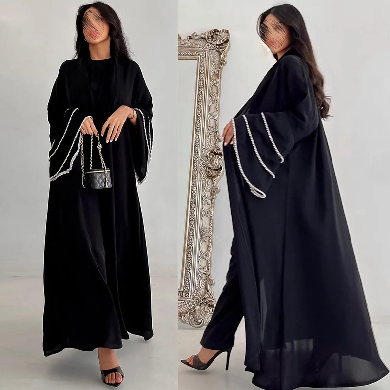 

Расклешенный рукав Abaya Dubai роскошный открытый халат для мусульманской женщины стильный марокканский женский костюм с бисером 2024