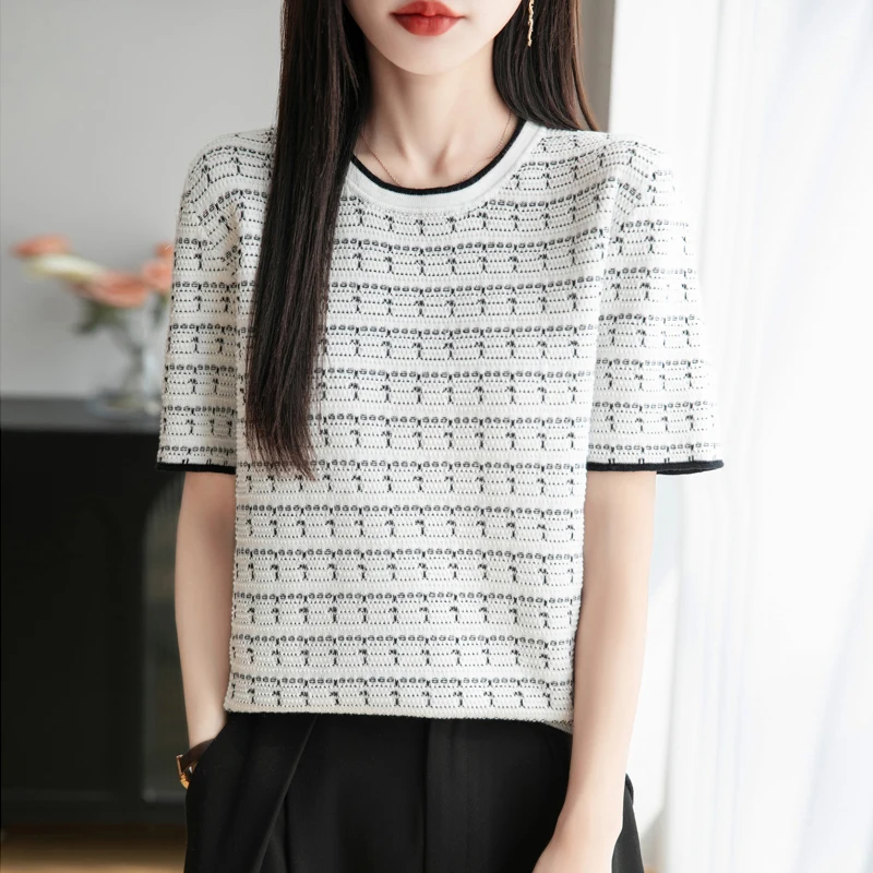 Summer New Knitted 100% Cotton Short Sleeve Vest Round Neck Women's T-shirt Tops Casual Stripe Blouse Loose Head Tees