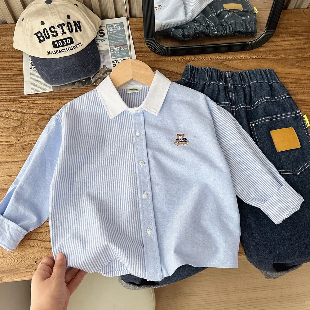 Children's Shirt Boys' Striped Shirt Spring Autumn 2025 Cute Bear Embroidery Children's Casual Cartoon Top Baby Blue Shirt 2
