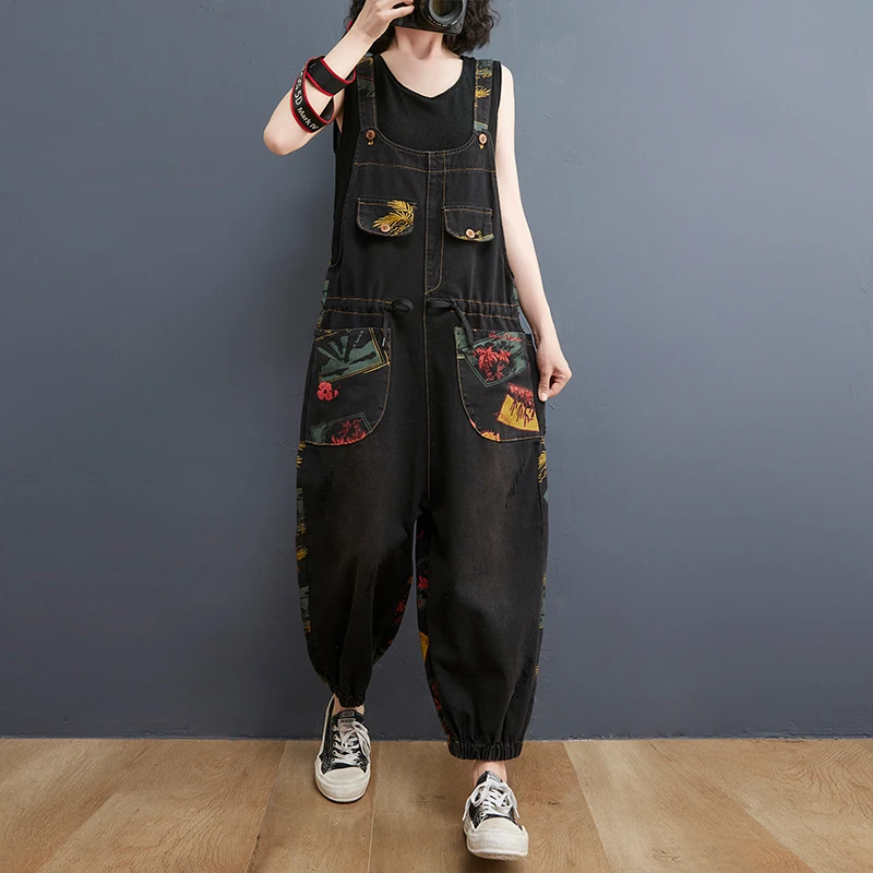 #1430 Black Blue Long Jumpsuits Ladies Drawstring High Waist Vintage Denim Jumpsuits Women Multi-pockets Casual Jeans Jumpsuits