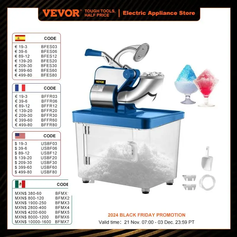 VEVOR Electric Snow Cone Machine Ice Shaver Crusher Granizing Glass Blender Mixer Chopper Stainless Steel Cool Colder Commercial