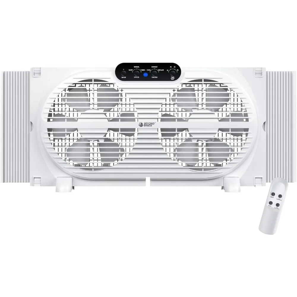 Twin Window Fan with Reversible Airflow and Intruder Alarm, with Remote Control and 3 Speeds, for Home Bedroom