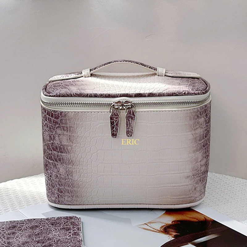 Large Capacity Personalized Cosmetic Bag Zip Travel Crocodile Pattern PU Leather Make Up Bag DIY Initials Fashion Woman Handbag