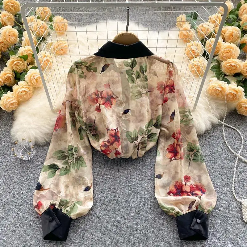 Flower Print Chiffon Vintage Transparent Thin Women\'s Blouse Shirt Polo-Neck Lantern Sleeve Pullover Blouses Spring Summer 2023