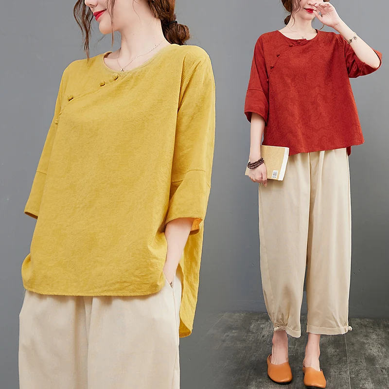 หลวมผ้าฝ้ายผ้าลินินกางเกง Harlan และ irt 2 ชิ้นชุด Faionable ศิลปะปุ่มด้านบนสําหรับ plus ขนาดผู้หญิงชุดลําลอง