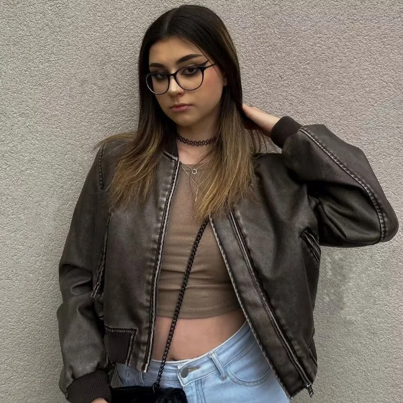 Dames gewassen leren losse jas Retro opstaande kraag Lange mouwen Ritszakken Korte jas Lente locomotief stijl damesjas