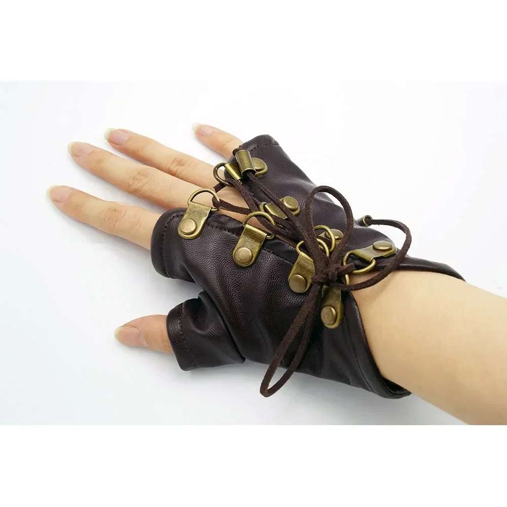 2024 New Fashion Harajuku Punk Rivets Coffee Half Finger Leather Gloves Men Women Motorcycle Gloves Hot Girls Y2k Accessories