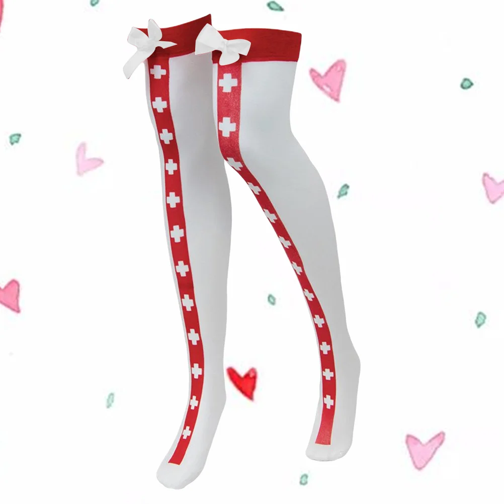 1 Paar oberschenkelhohe Krankenschwesterstrümpfe, weißes Fliege-Design, weich, elastisch, rutschfest, warme Socken für Damen, Party-Kostüme, Baumwolle