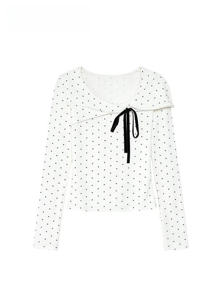 

plus Size Women's T-irt with Bow Design Long Sve Polka Dot Print Anti-Aging Top for Autumn Winter Big Sister Design