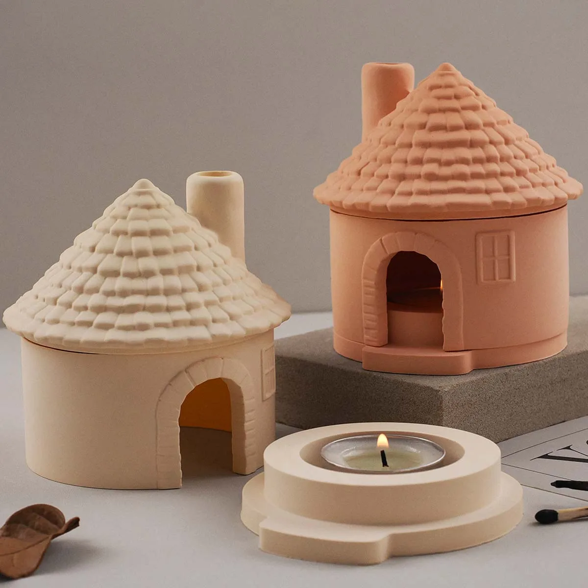 3D House Aromath Stove Mold DIY Chimney Houses Candlestick Silicone Molds Plaster Concrete Resin Incense Burner Craft Making Kit