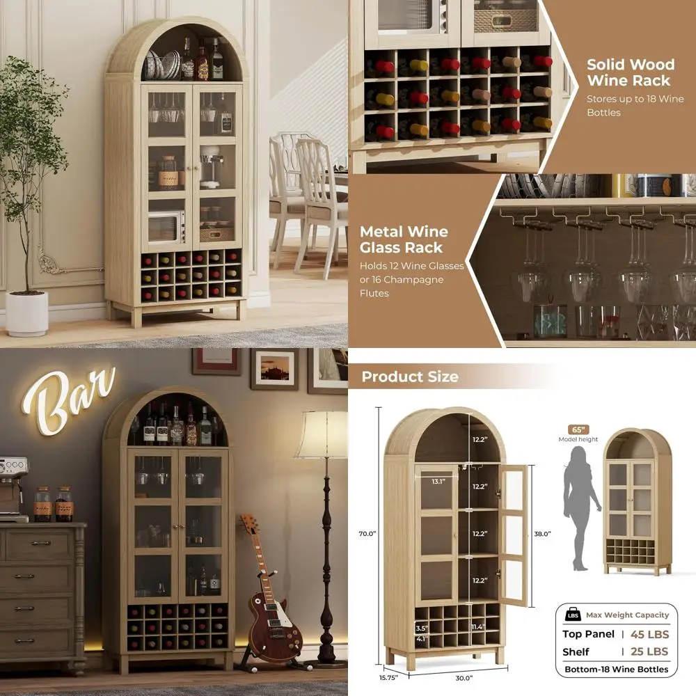 Lemari Anggur dengan Pintu Kaca Melengkung Tinggi, Penyimpanan Bar Kopi Bergaya Rustic dengan Rak Anggur, Rak Penyimpanan Minuman Keras Besar