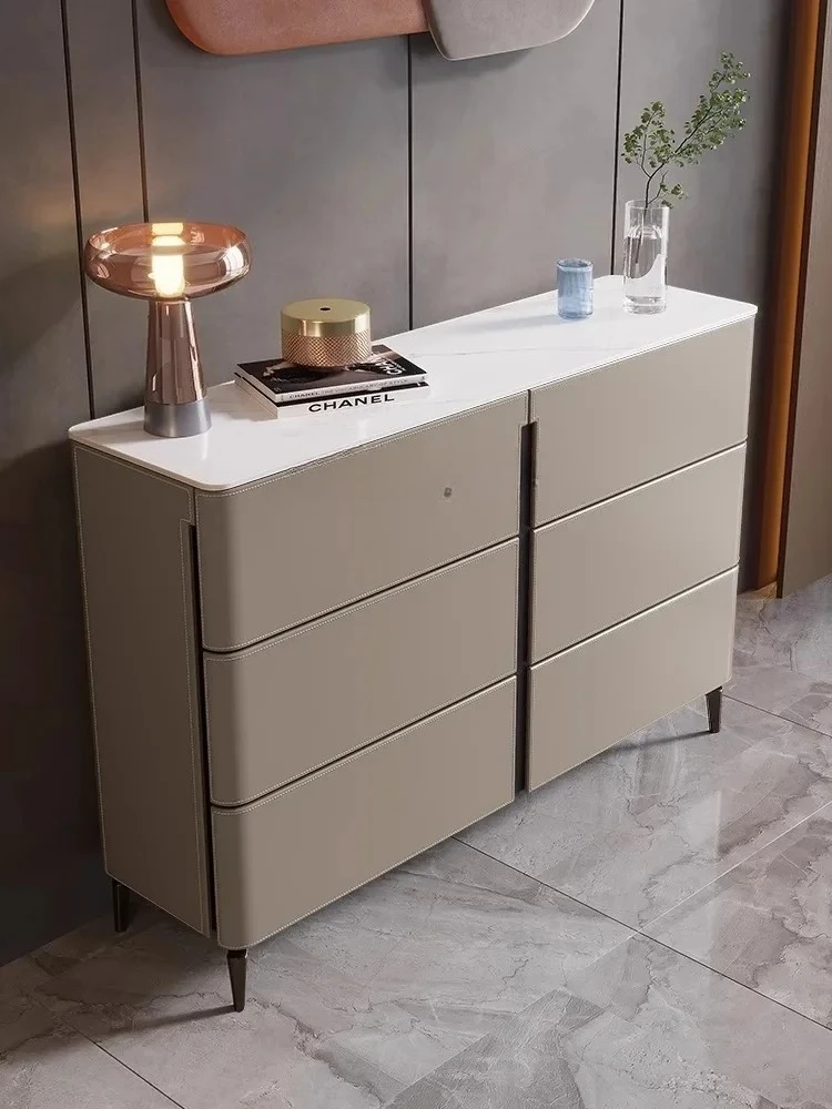 Cassettiera da tè moderna da parete in stile crema di lusso leggero, per soggiorno, per uso domestico, in pelle, con piastra in pietra, cassettiera laterale da pranzo