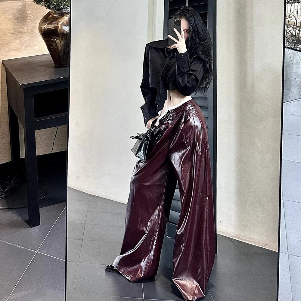 TWOTWINSTYLE Hit Color Loose Leather Pants For Women High Waist Minimalist Spliced Zipper Chic Wide Leg Pant Female Fashion New