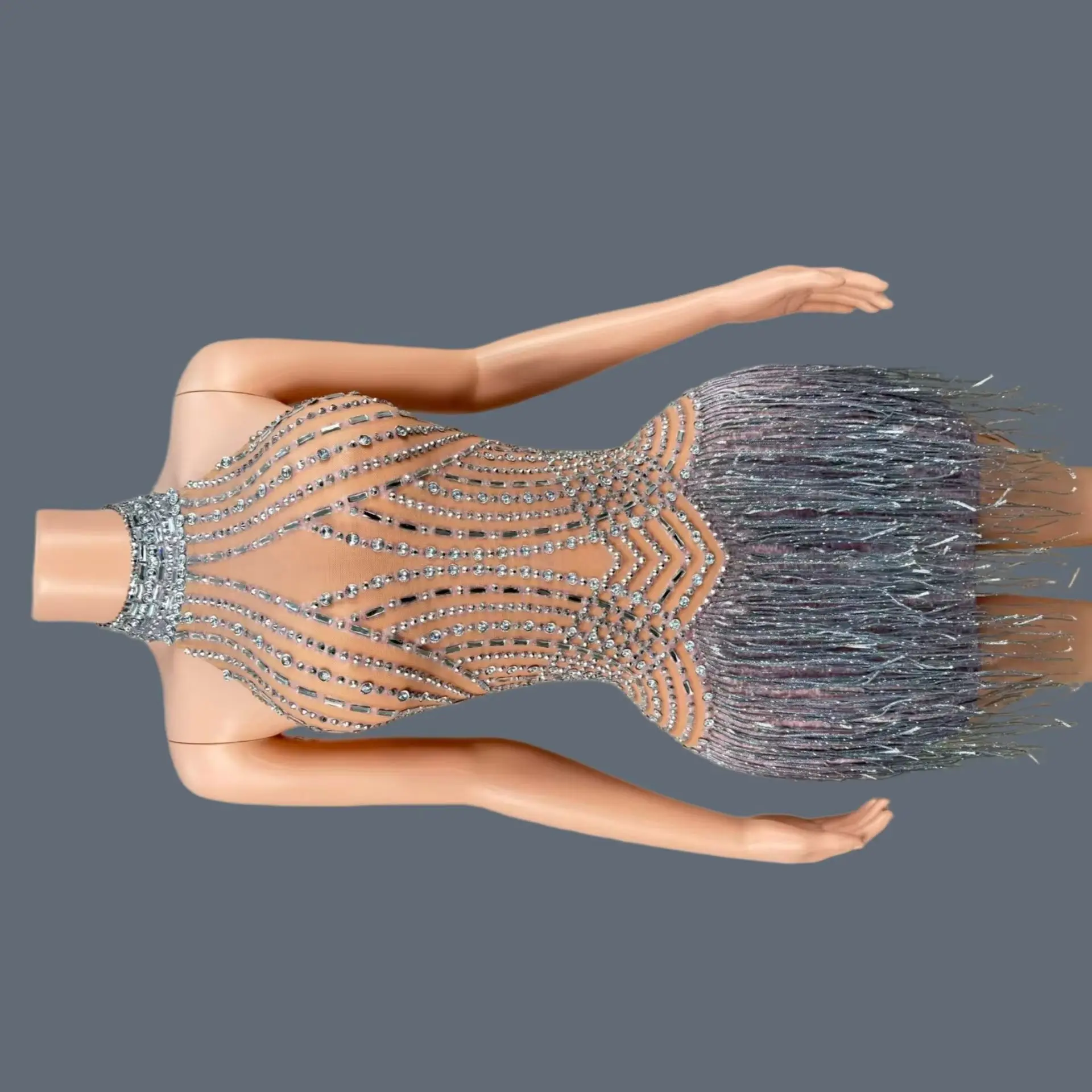 

Silver Sparkly Rhinestone Mesh Halter Mini Dress Glitter Tassel Fringe Bodycon Latin Dance Stage Outfit Qingsi