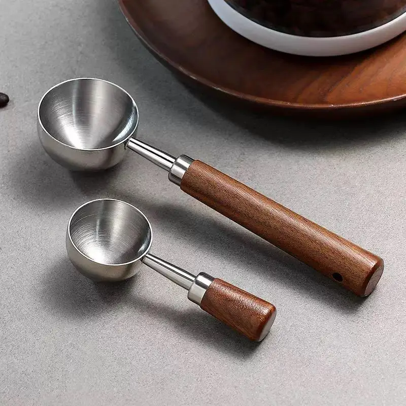 1-10pcs Walnut Handle Measuring Spoon Scoop 15/30ml Coffee Bean Spoon Stainless Steel Coffee Powder Measuring Spoon Kitchen Tool