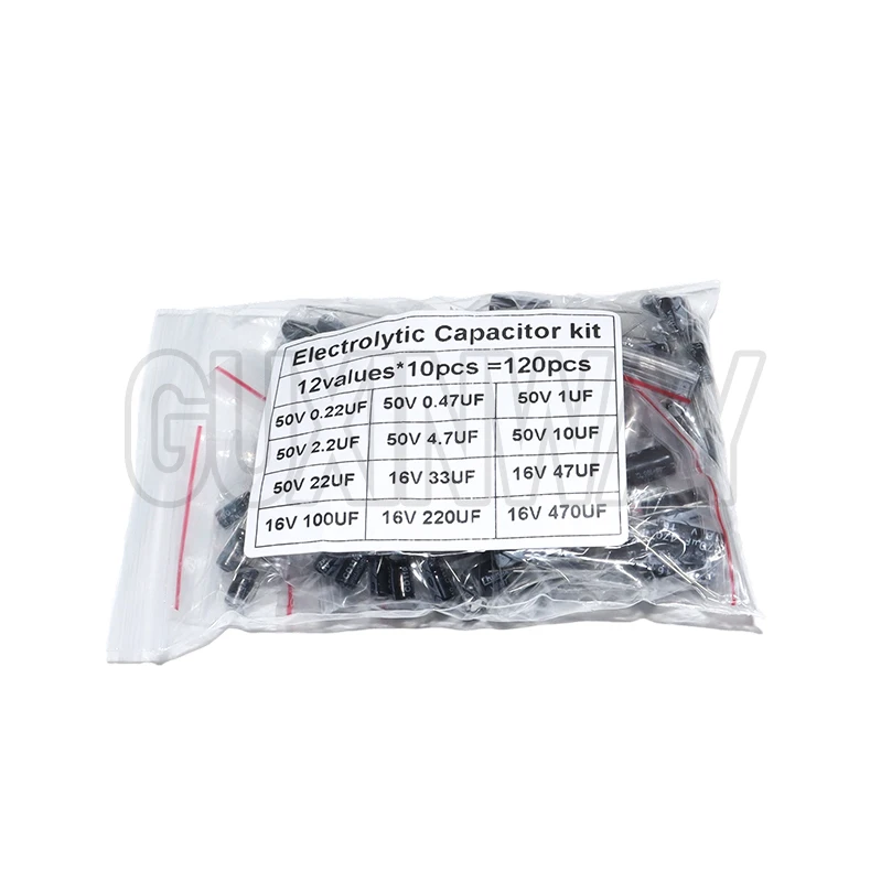 

120 шт., 12 значений, электролитический конденсатор 0,22 мкФ-470 мкФ, алюминиевые электролитические конденсаторы, набор наборов, 16 В, 25 В, 50 В