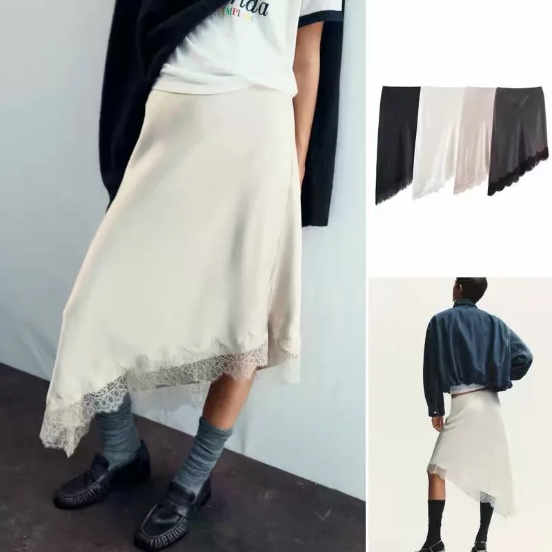 

Spring Summer New Arrival Women's Fashionable Lace Silk Satin Skirt Street Style Polyester Fiber A-Line Loose Fit City Commute