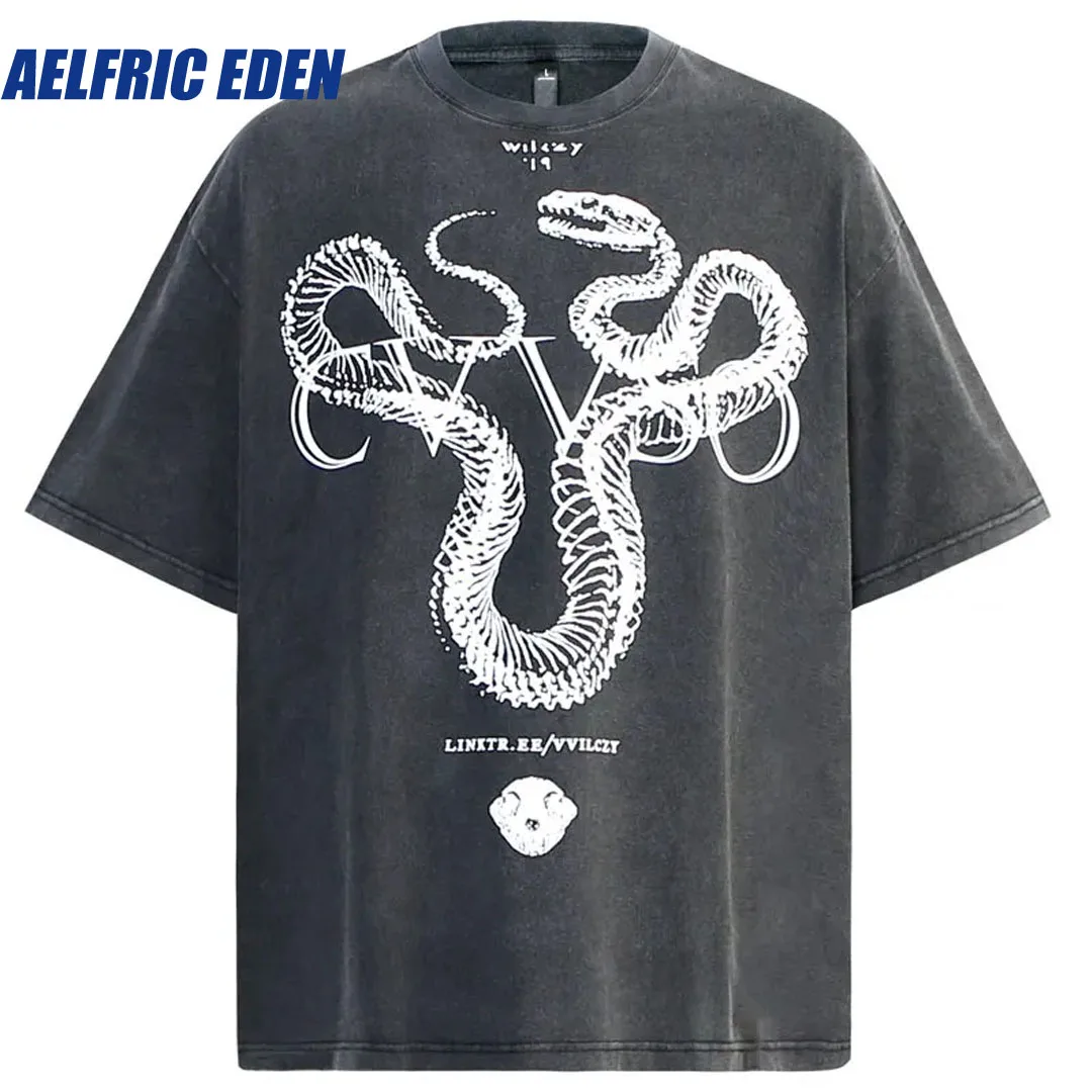 Aelfric Eden Vintage Oversized T-Shirt Y2K Hip Hop Python Snake Graphic Print Washed Tshirt 2024 Harajuku Punk Gothic Loose Tops