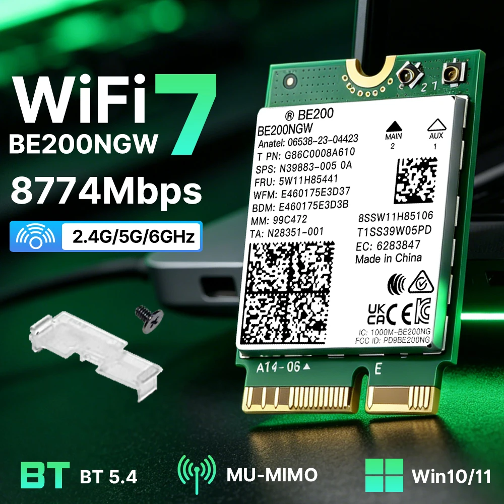 

WiFi 7 BE200 Network Card Bluetooth 5.4 Tri Band 2.4/5/6GHz 8774Mbps BE200NGW M.2 Wireless Adapter Better than Wifi 6E