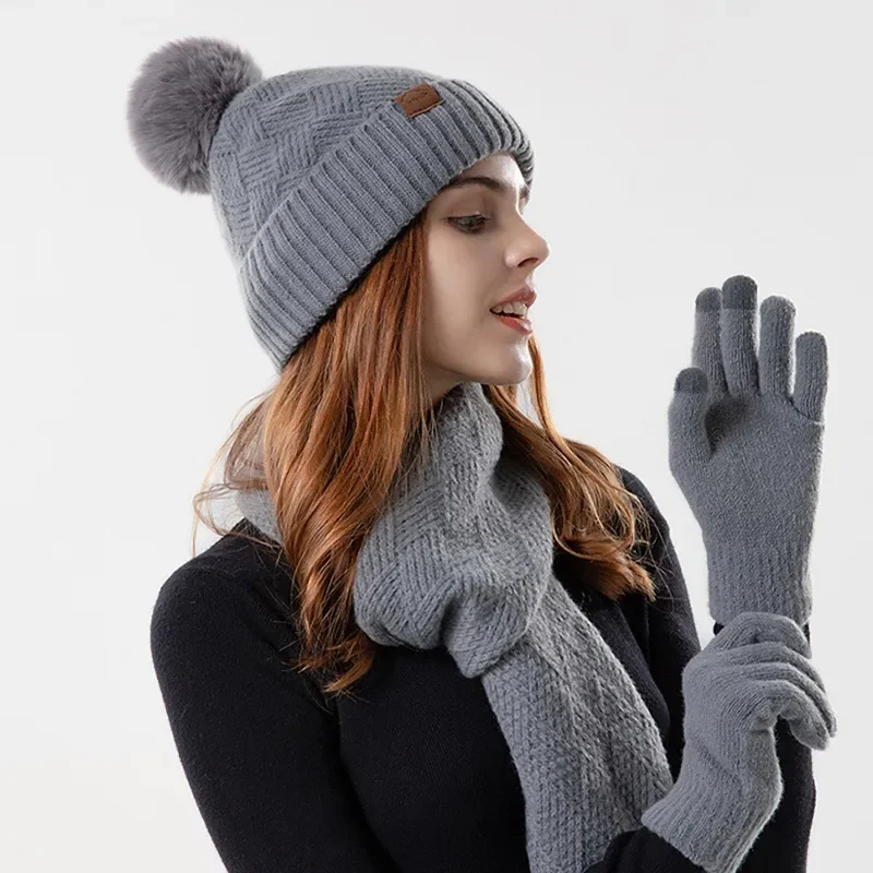 Mulheres malha velo forrado gorro chapéu cachecol e luvas touchscreen conjunto, etiqueta de couro, pele bola cap, inverno quente, 3pcs conjunto