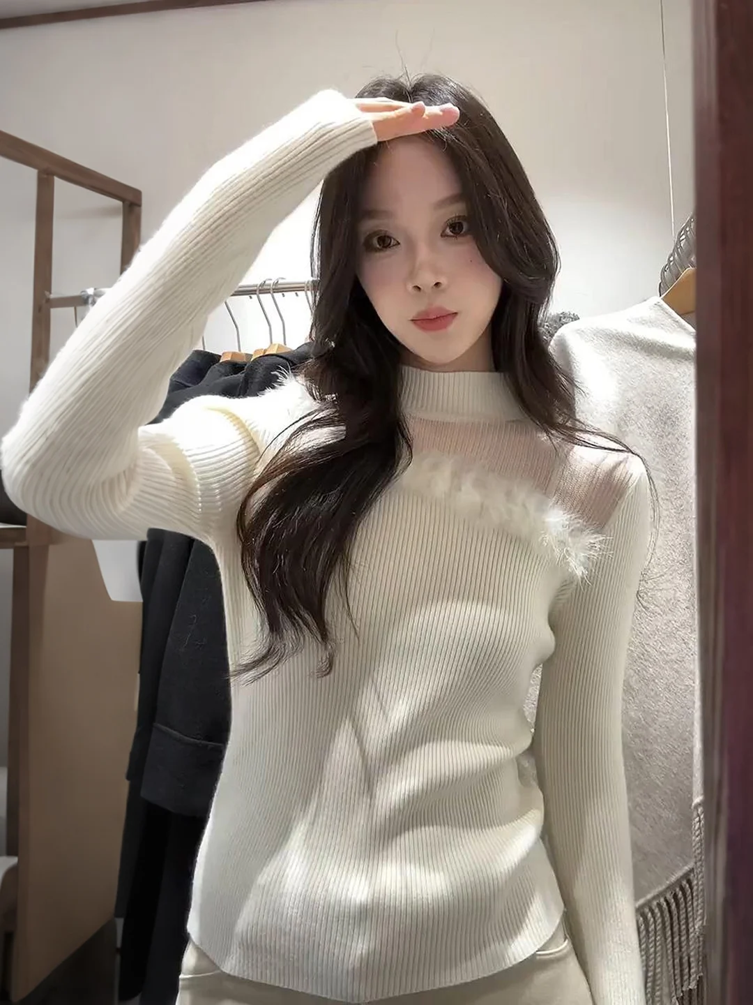 

Женский вязаный свитер с длинным рукавом и высоким воротником, с меховыми вставками, осенне-зимний, новый дизайн, приталенный, для ношения под одеждой, в корейском стиле