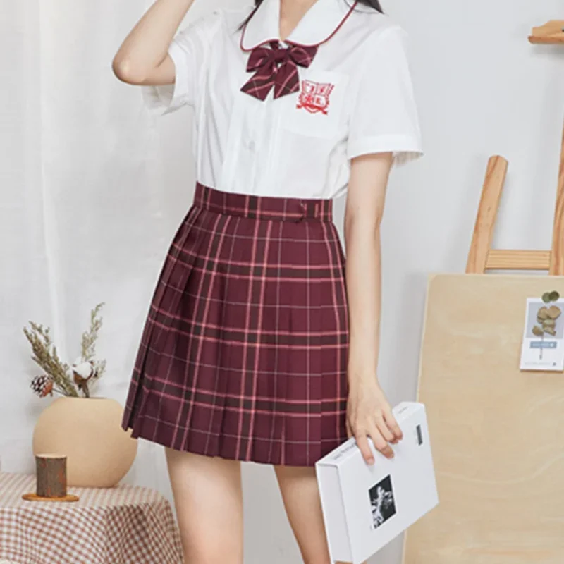 2024 Japanese JK Uniform Original Four Seasons Wearable Red Plaid Waist Tight Slimming Versatile Short Pleated Skirt For Girls