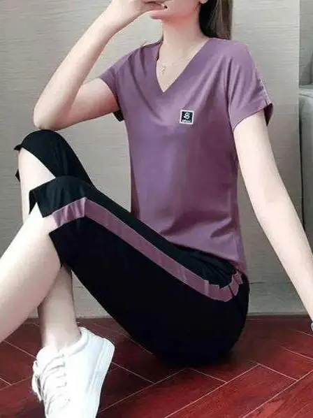 

Slim Fit Summer Sportswear Set for plus Size Women Casual High Waist Seven Inch Pants Two Piece Suit Korean Style Commute