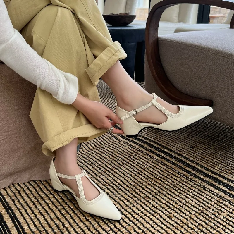 2026 Summer Women Sandals Genuine Leather Sexy Pointed Toe T Strap Party Shoes High Heel Summer Pumps Hollow Shoes Woman 34-40