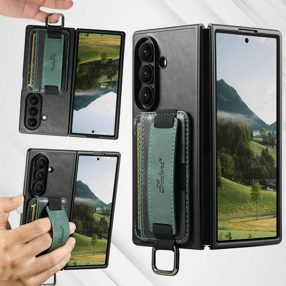 Z Fold7 5G Shockproof Case For Samsung Galaxy Z Fold 7 Wrist Strap Leather Card Back Cover for Galaxy Z Fold 6 5 Fold7 Funda