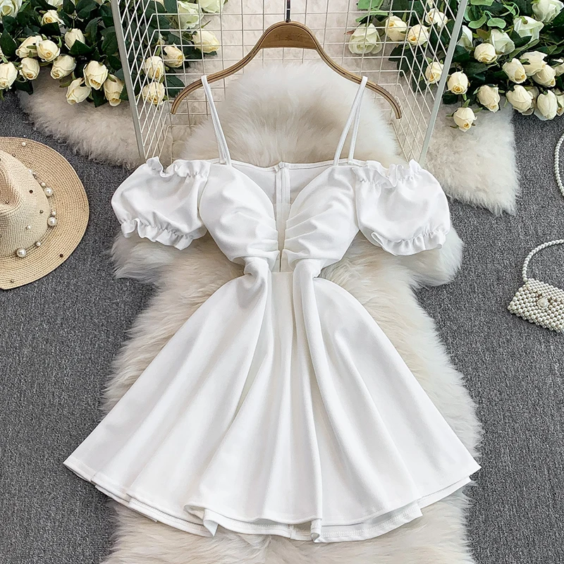 Sommer Sexy Tiefem V Spaghetti Strap Kleid Einfarbig Off Schulter Dünne A-linie Kurze Kleider Club Tragen Weibliche Party Kleid