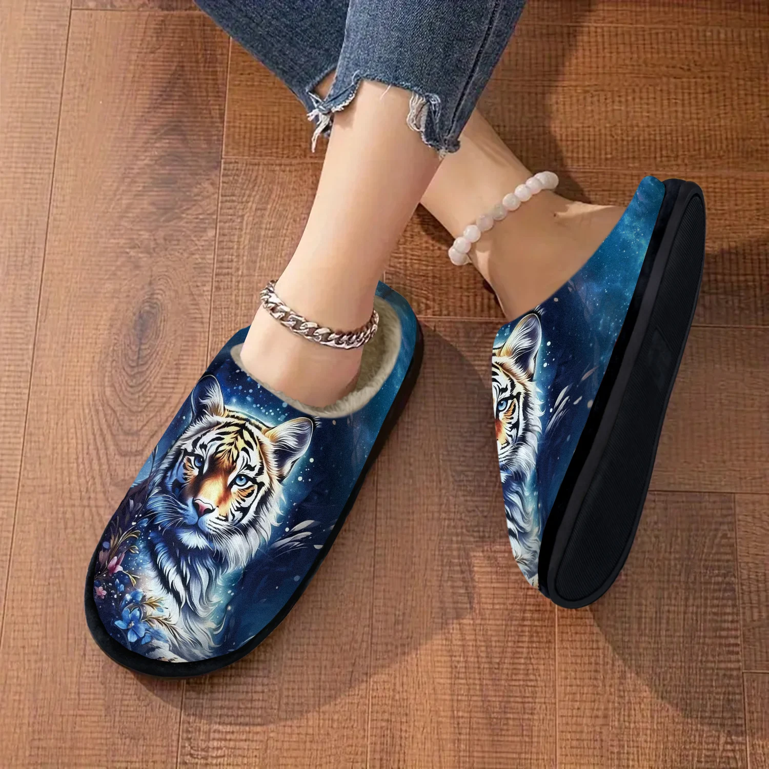 شباشب نسائية قطيفة سهلة الارتداء مع طباعة حيوانات وجه النمر - نعل مطاطي غير قابل للانزلاق، أحذية منزلية شتوية دافئة للأرضيات الباردة #6