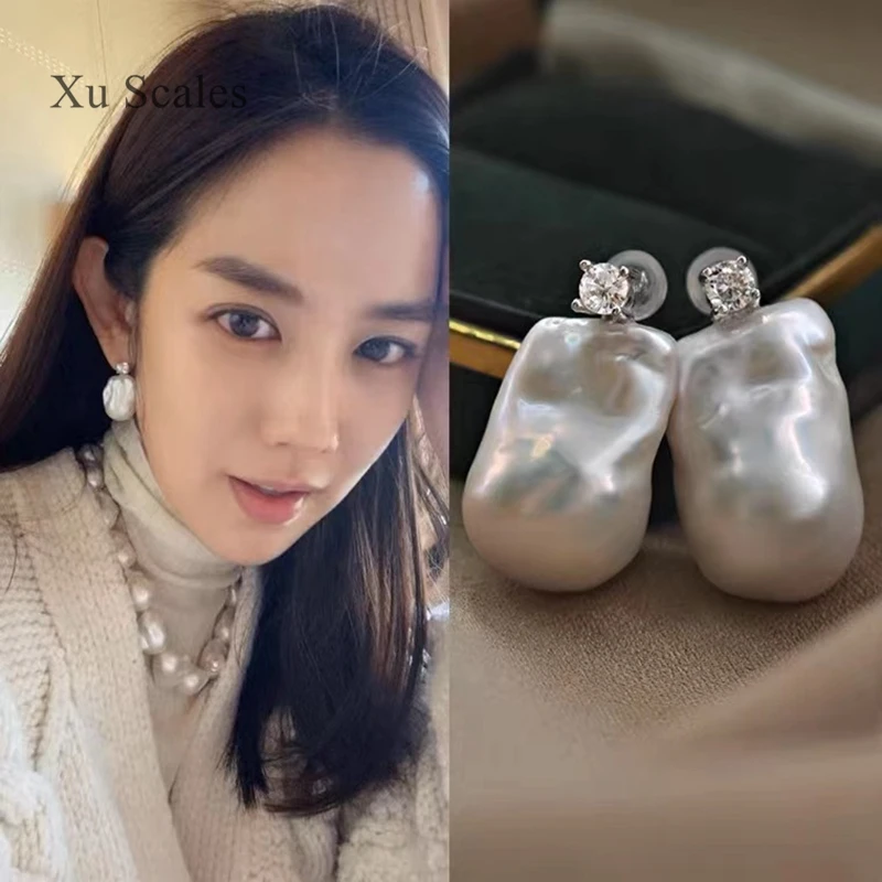 High-grade Princess Diamond Inlaid Natural Shape 16-26mm Freshwater Baroque Earrings S925 Sterling Silver Women's Jewelry Gift