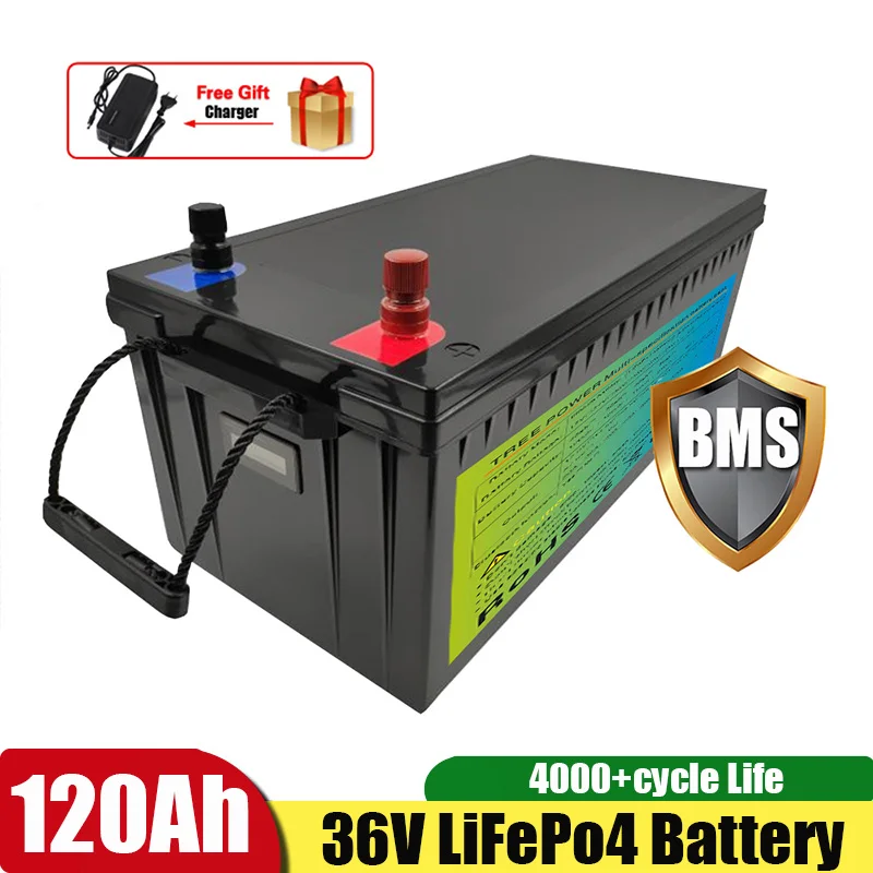 Lithium Battery Pack 36V 120Ah Lifepo4 Rechargeable Batterie with 100A BMS for Solar System 108lbs Trolling motor Boat+ Charger