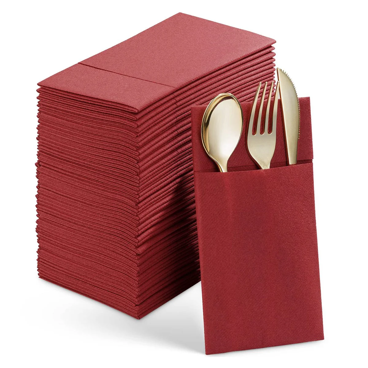 50PCS Disposable Dinner Napkins with Built-in Flatware Pocket,Prefolded Cloth Like Paper Napkins for Wedding Red