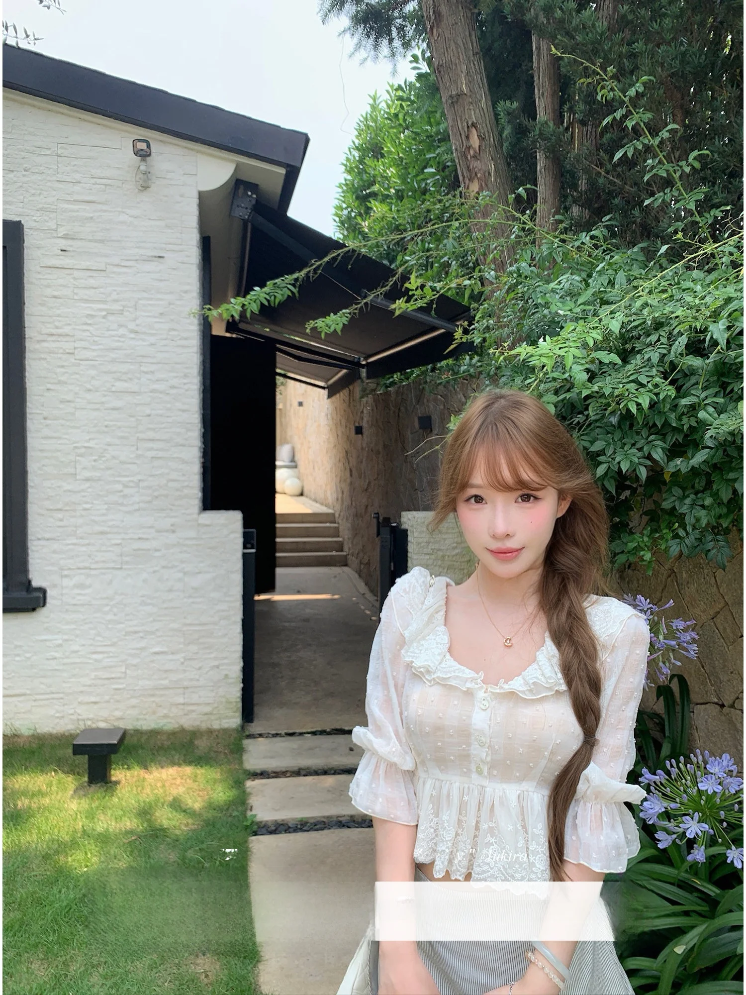 Lukira Lace Whisper Transparent Dot Embroidery Blouse Women's Summer Shirt Gathered Waist Floral  Polyester Fiber