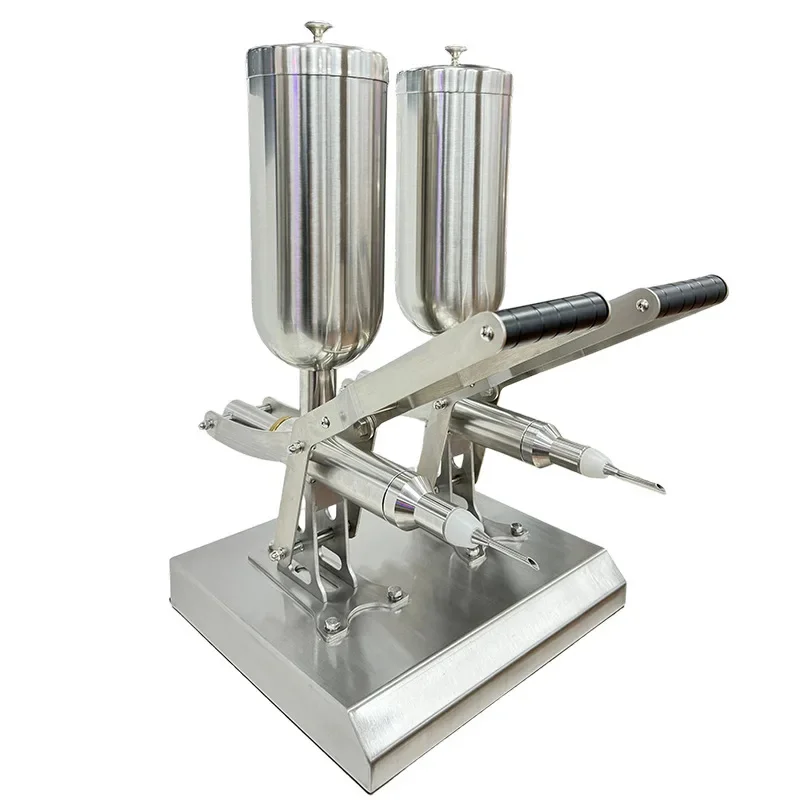 Dual-nozzle filling machine for cream puffs, cream, and chocolate fillings; stainless steel manual filling machine.