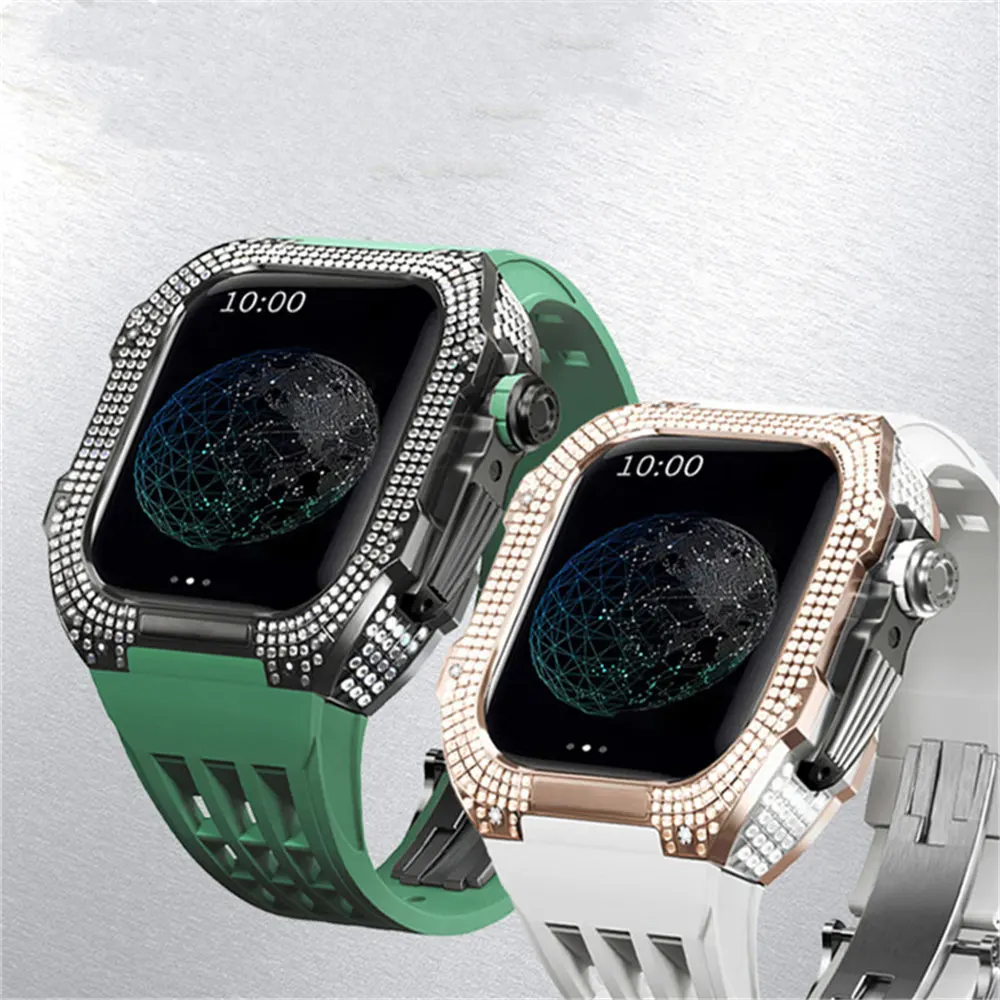 Luxury Titanium Full Bling Diamond Case + Rubber Strap AP Mod Kit for Apple Watch Series 9 8 7 6 5 4