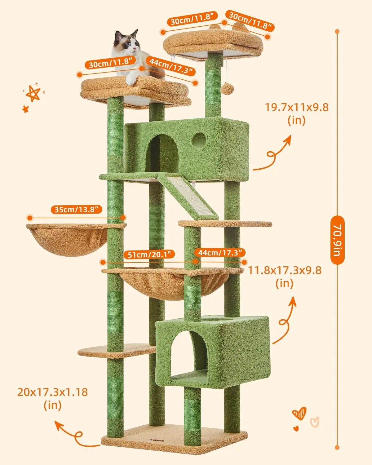 71-Inch Large Cat Tree for Large Cats, Plush Multi-Level Cat Condo with 8 Scratching Posts, 2 Perches, Cave, Hammock