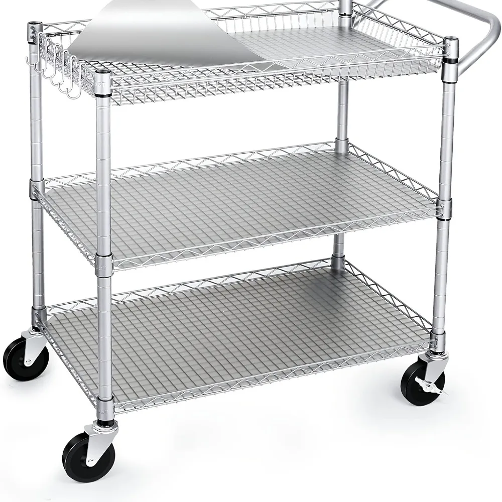 

990Lbs Capacity Heavy Duty Rolling Utility Cart, NSF Rolling Carts with Wheels, Commercial Grade Metal Cart with Handle Bar