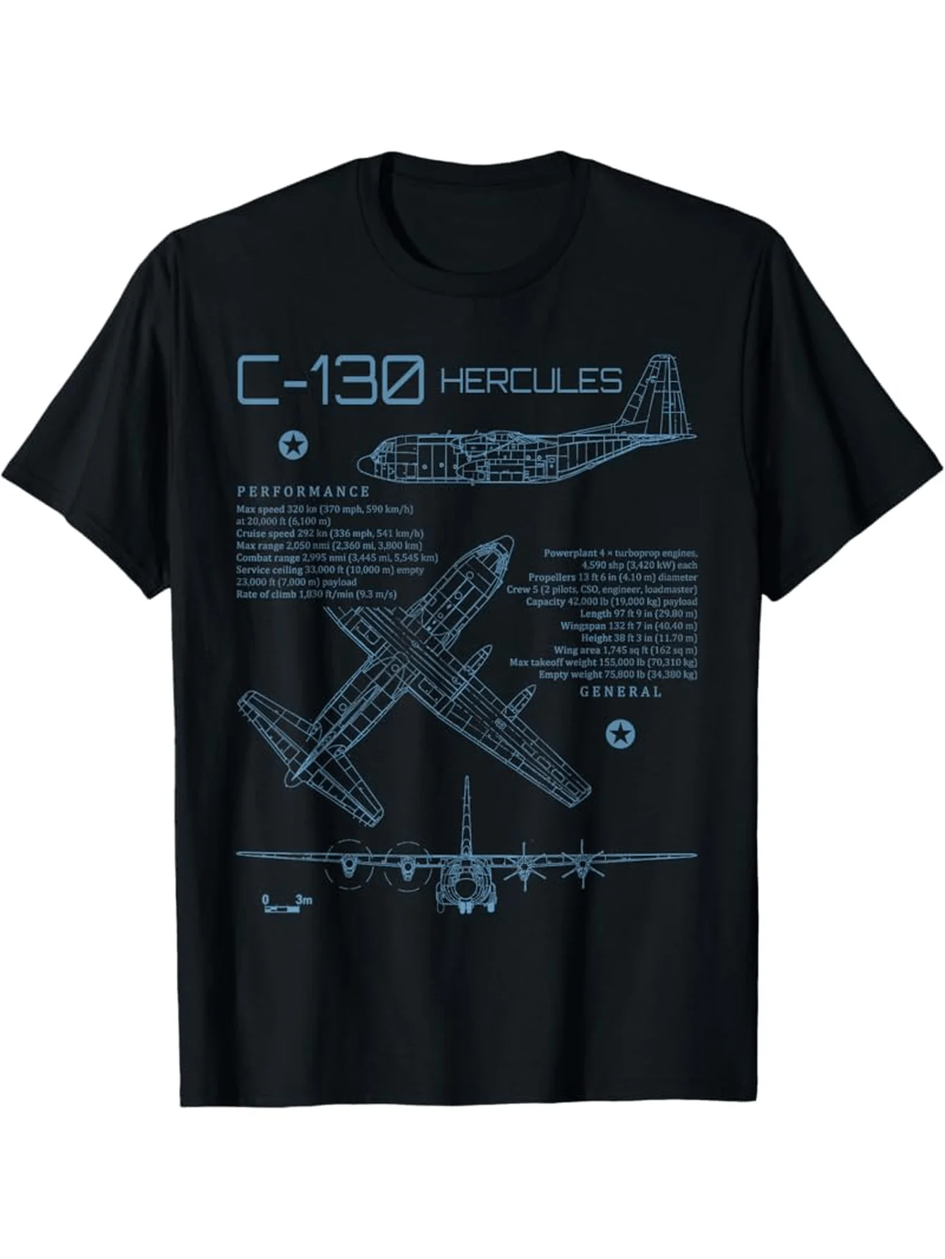 Men's C-130 Turboprop Military Transport T-shirt with Fine C-130 Aircraft Pattern, Military Theme Top for Aviation Enthusiasts