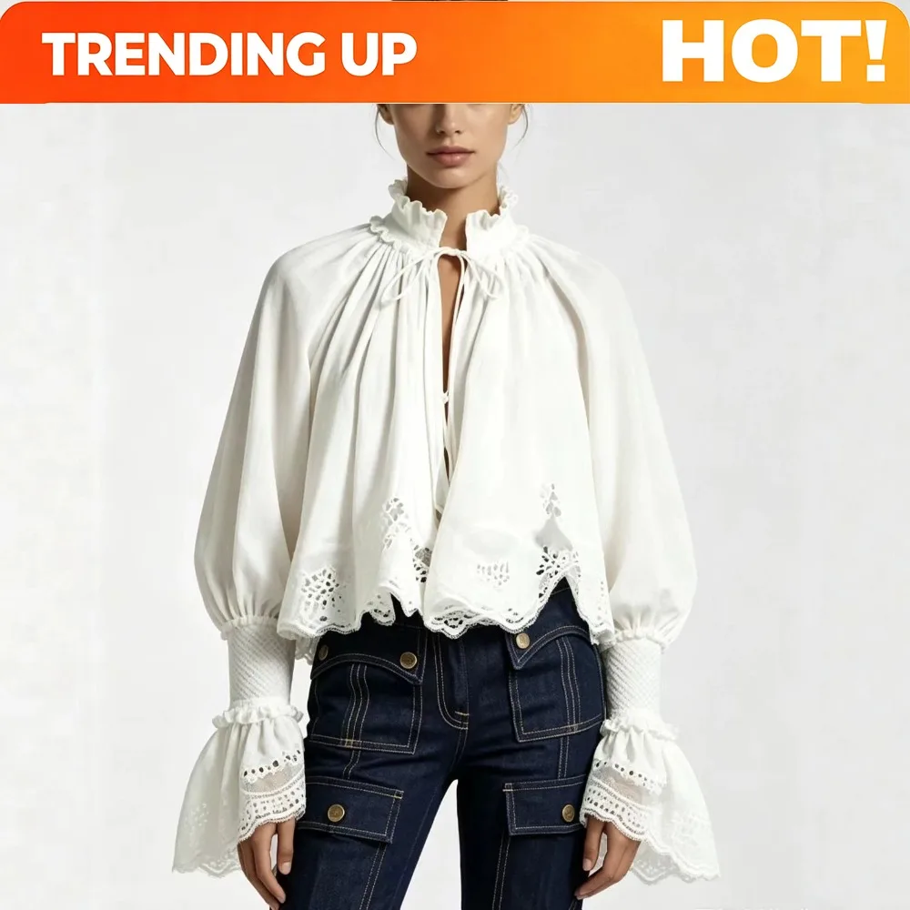 Customization Women's Vintage Hollow Lace Blouse Ruffled Collar Tie Front Puff Flare Sleeve Loose Cropped White Shirt For Daily