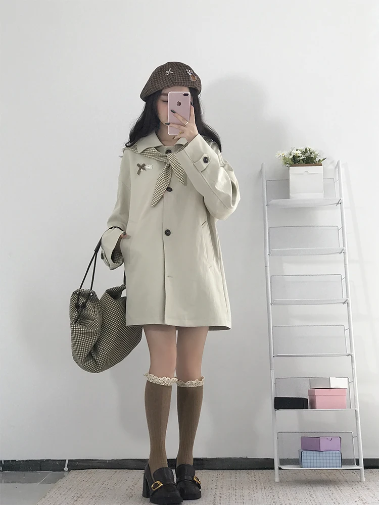 한국 스타일 대학 바람막이 재킷 여성용 가을 신상 루즈핏 롱 슬림 코트 소형 사이즈 중간 길이 싱글 버튼