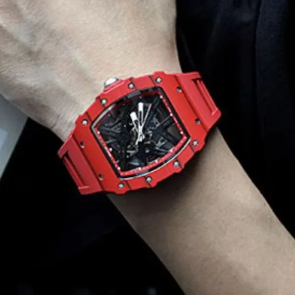 CRONUSART Men Automatic Watch 50mm Tonneau Mechanical Wristwatch Carbon Fibre Case Luminous Skeleton Dial