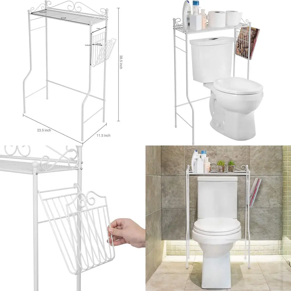 

Vintage-Style Over-the-Toilet Storage Rack with Magazine Basket, Space-Saving Bathroom Organizer, White Metal Scroll Accents